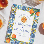 Reserve A Data Código QR de Casamento Mediterrâneo azulejo Azul L<br><div class="desc">Watercolor Orange Citrus Italiano Blue Azulejo Mediterrâneo</div>
