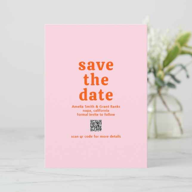 Reserve A Data Código QR de Casamento Moderno Fonte Retro Laranja (Em pé/Frente)