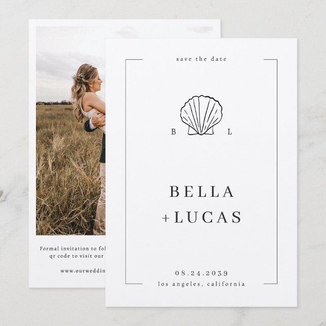 Reserve A Data Código QR de Casamento Monograma de Concha Costeir (Frente/Verso)