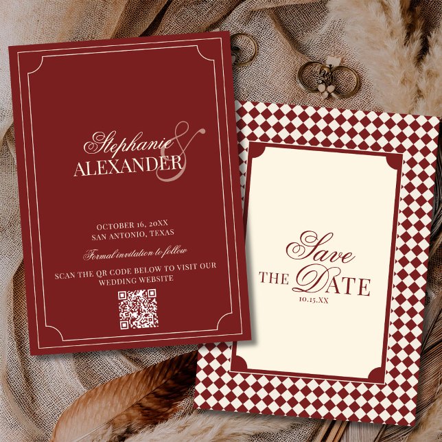 Reserve A Data Código QR de casamento Old Money xadrez vermelho p (Criador carregado)