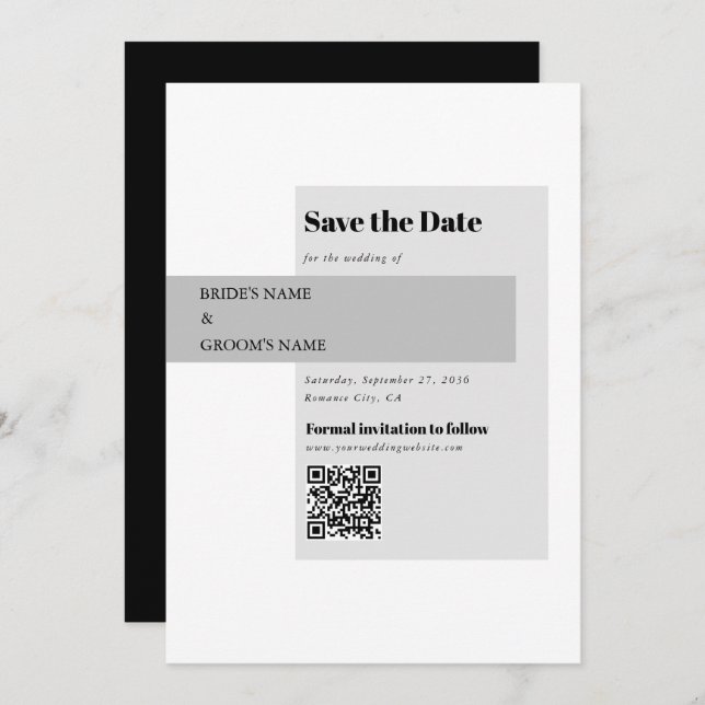 Reserve A Data Código QR de Casamento Preto e Branco Moderno (Frente/Verso)