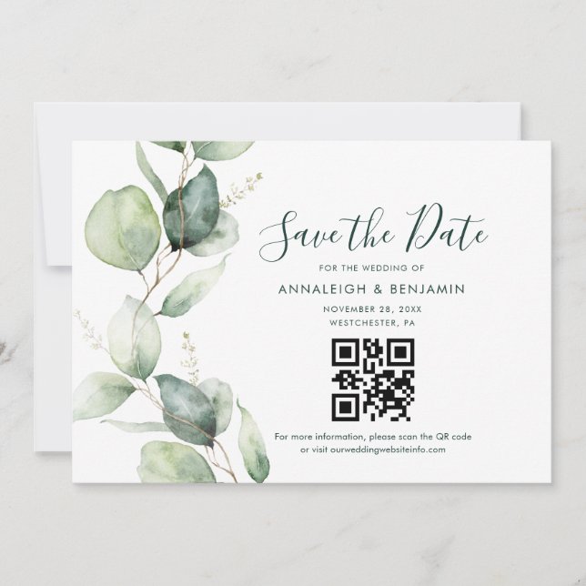 Reserve A Data Código QR de Eucalipto Casamento Botânico (Frente)