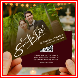 Reserve A Data Código QR de Foto Burgundy & Marfim Elegante Casam