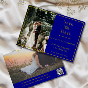 Reserve A Data Código QR de Foto Casamento Azul Marinho Dourado E
