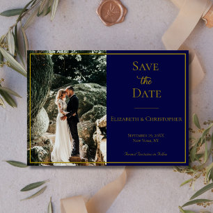Reserve A Data Código QR de Foto Casamento Azul Marinho Dourado E