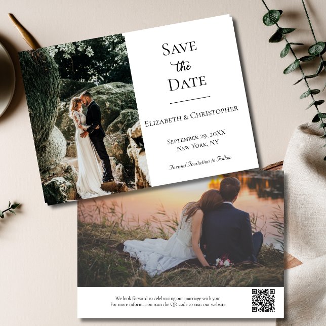 Reserve A Data Código QR de Foto Casamento Elegante Branco Preto (Photo QR Code elegant Black White Wedding Save the Date invitation Card)