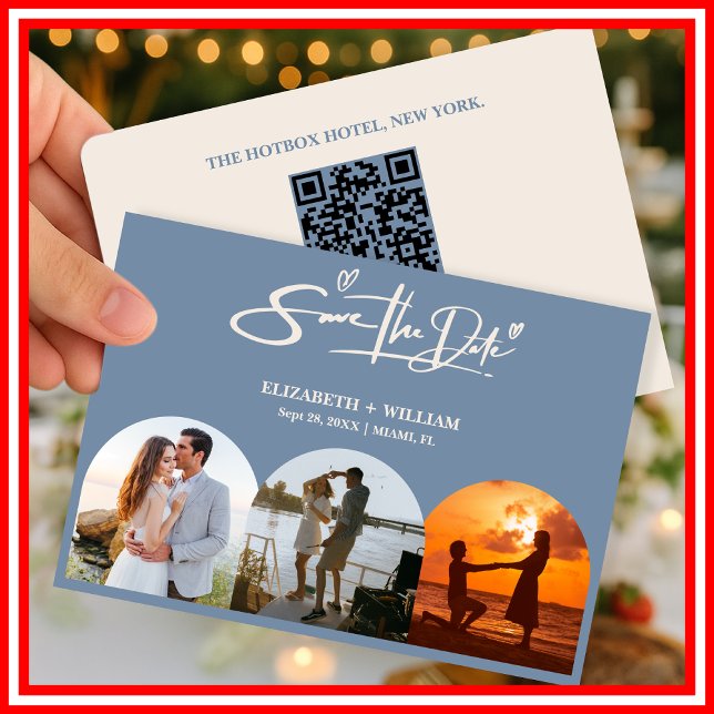 Reserve A Data Código QR de Foto de Casamento Azul Empoeirado Ele (Criador carregado)
