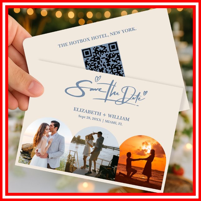 Reserve A Data Código QR de Foto de Casamento Azul Empoeirado Ele (Criador carregado)