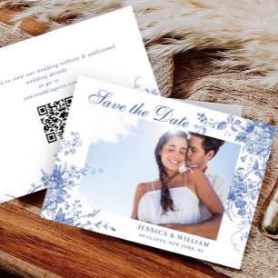 Reserve A Data Código QR de Foto de Casamento Floral Francês Azul