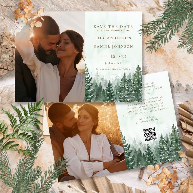 Reserve A Data Código QR de foto de floresta de pinheiro em aquar (Rustic Watercolor Pine Tree Forest Photo QR Code Save The Date)