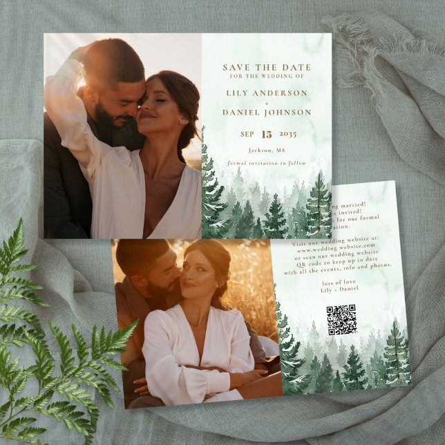 Reserve A Data Código QR de foto de floresta de pinheiros em aqua (Rustic Watercolor Pine Forest Photo QR Code Save The Date)
