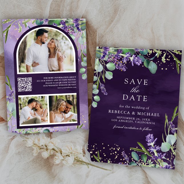Reserve A Data Código QR de Lavanda Eucalipto Foto Casamento Roxo (Criador carregado)
