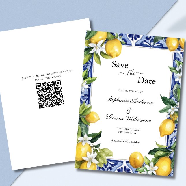 Reserve A Data Código QR de Lemons Mediterranean para casamento S (Lemons Mediterranean Blue White Mosaic Tile White Florals Wedding Save the Date Card with QR code)