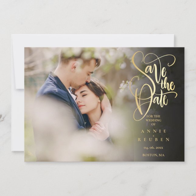 Reserve A Data Código QR de Letra Dourada Elegante Foto Casamento (Frente)