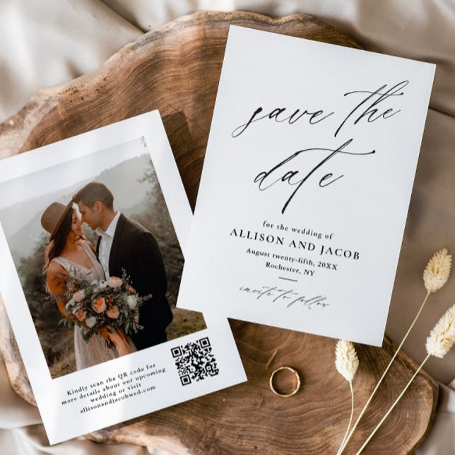 Reserve A Data Código QR de letra elegante Foto de casamento (Elegant handwritten script photo save the date with QR code.)