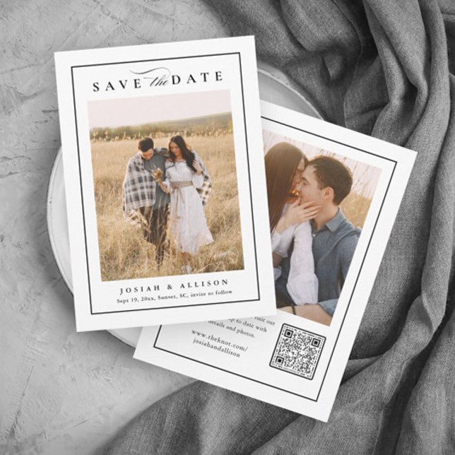 Reserve A Data Código QR de Monograma Clássico 2 Fotos Casamento (Elegant black and white 2 photo wedding save the date with QR code.)