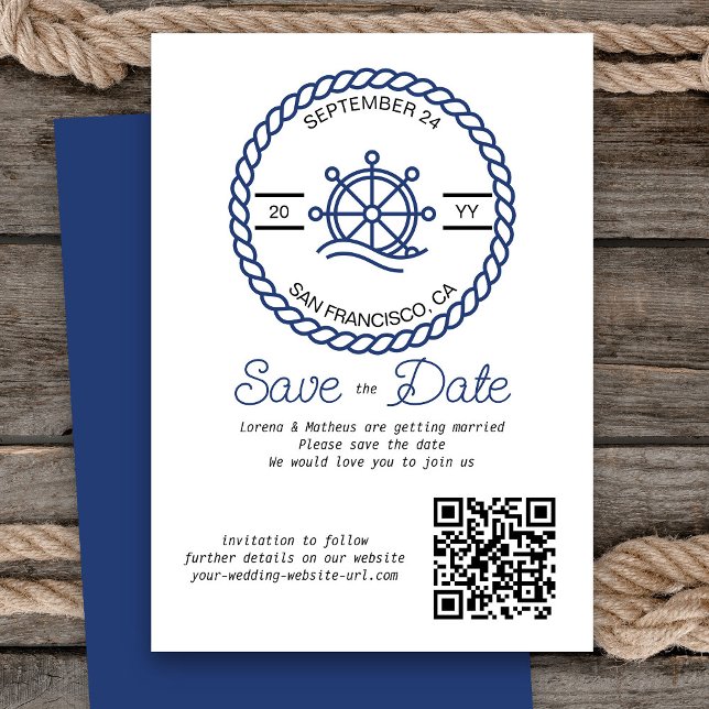Reserve A Data Código QR de Roda Náutica Casamento Guardar o Cart (Nautical Wedding Save the Date Card with QR Code)