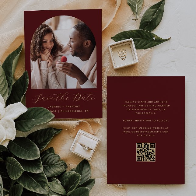 Reserve A Data Código QR do Arco de Foto Mínimo Burgundy Gold (Criador carregado)