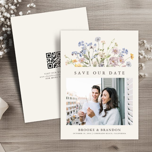 Reserve A Data Código QR do Jardim das Pradarias de Primavera sel (Colorful Spring Wildflower Meadow Garden QR Code Photo Save The Date card)