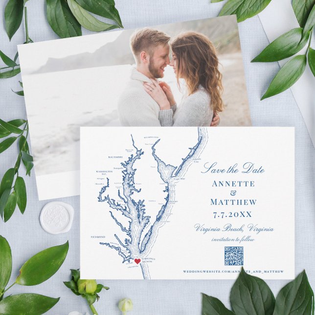 Reserve A Data Código QR do Marinho Elegante de Casamento de Prai (These Virginia Beach Save the Dates are perfect for your destination wedding in Virginia)