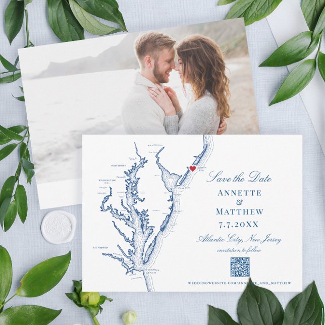 Reserve A Data Código QR do Marinho Elegante NJ da Cidade Atlânti (These Atlantic City New Jersey save the dates with QR code are perfect for your destination wedding)