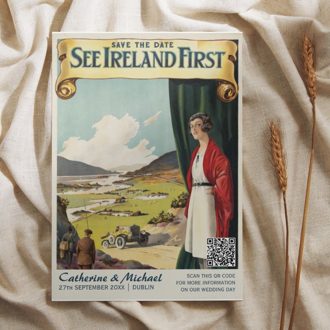Reserve A Data Código QR do Poster de viagens para Irlanda (Criador carregado)