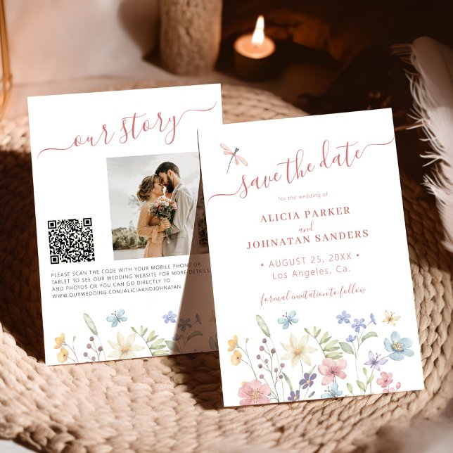 Reserve A Data Código QR elegante floral flores silvestres casame (Criador carregado)