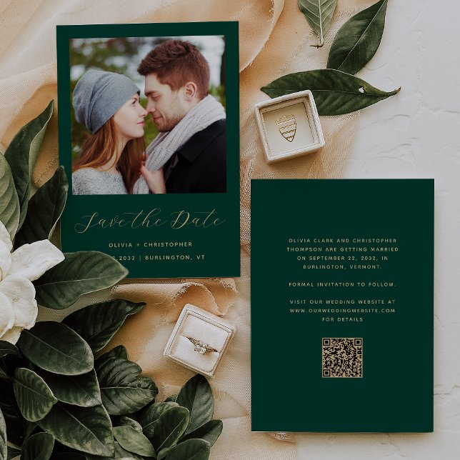 Reserve A Data Código QR em Verde Esmeralda Dourado Script Foto (Criador carregado)