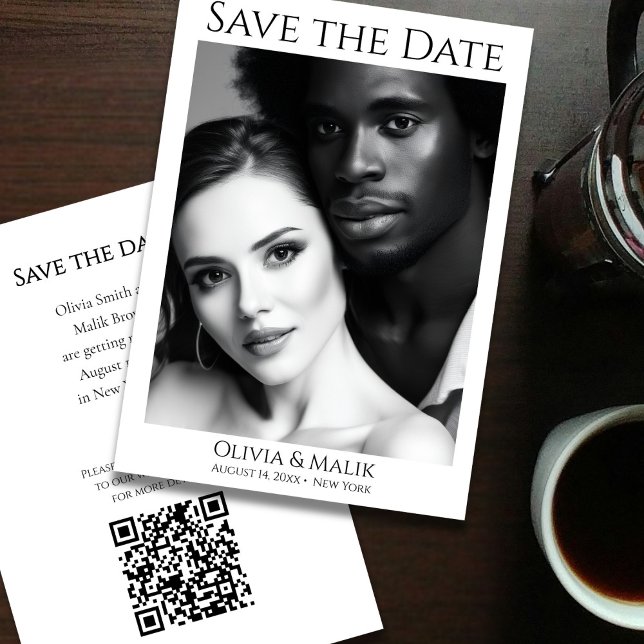 Reserve A Data Código QR Foto Salvar a Data (Modern Black & White Photo QR Code Save the Date - front and back)
