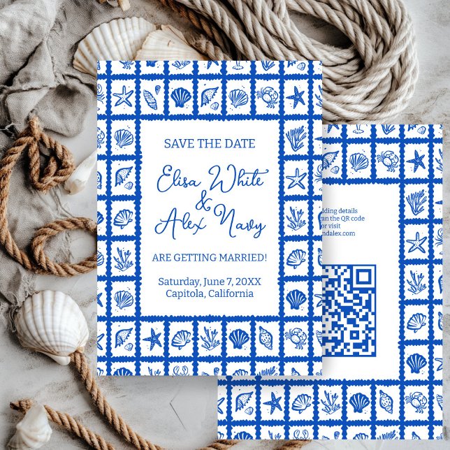 Reserve A Data Código QR PERSONALIZADO de Casamento de Praia da S (Seashell Grid Beach Wedding CUSTOM QR Code Save The Date
)