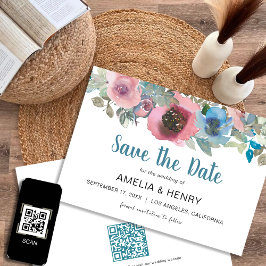Reserve A Data Código QR simples Casamento Floral Azul e Rosa