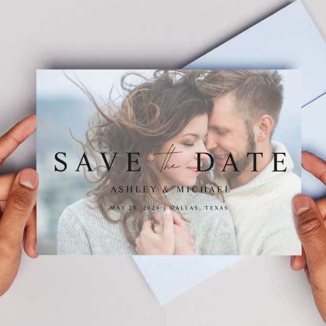 Reserve A Data Código QR Vellum Overlay Elegant 4 Photo Noivado (Easily personalize this modern Save the Date and include your website QR code link!)