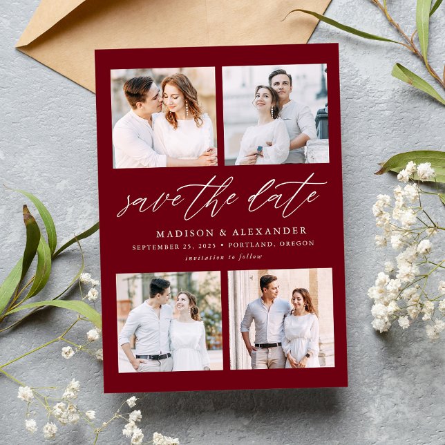 Reserve A Data Colagem de 4 Fotos Burgundy Elegant Script (Criador carregado)