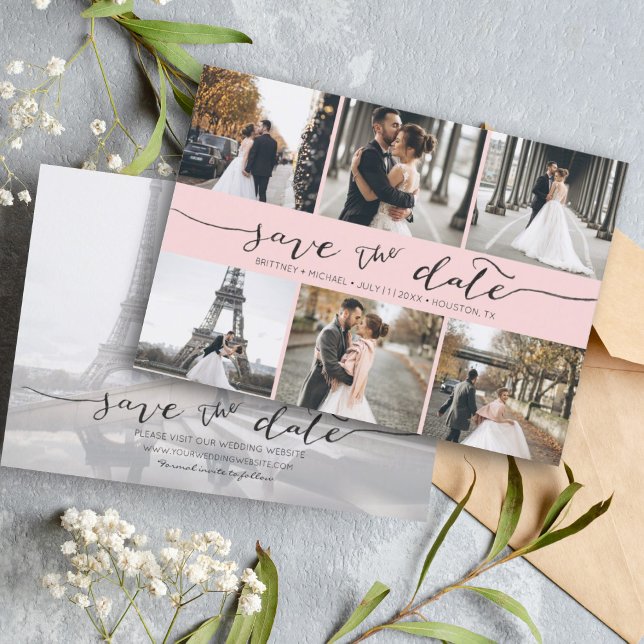 Reserve A Data Colagem de Fotografias com Letra Mão Guarde a Data (Modern Save the Date card featuring 6 photos and a hand lettered font for a minimalistic design.)