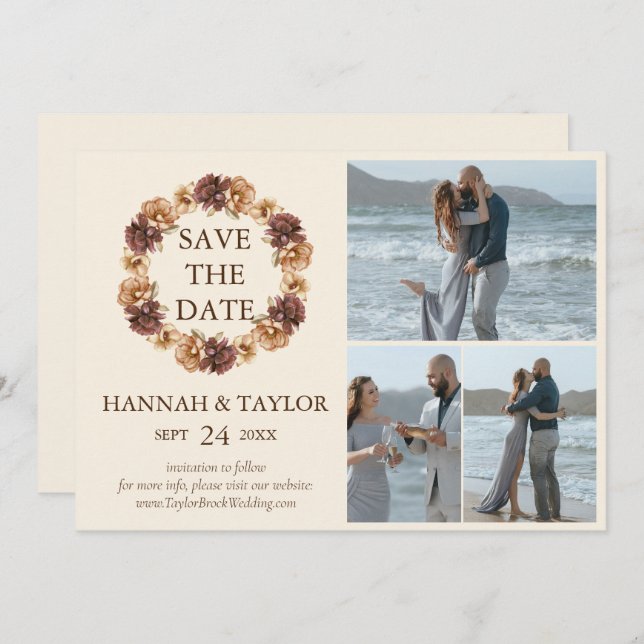 Reserve A Data Colagem de Fotografias Floral de Queda Elegante 3 (Frente/Verso)