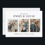 Reserve A Data Colagem de Fotografias Pretas Três<br><div class="desc">Tipografia Preta Três Colagem Fotográfica Salvar A Placa Date | Anuncie a data do seu casamento com este moderno, salve a data em que o cartão foi entregue. Apresenta uma tipografia simples e três colagens fotográficas. Esta foto para salvar a data é uma maneira perfeita de mostrar suas fotos de...</div>