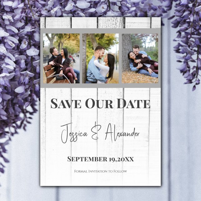 Reserve A Data Colagem de Fotos de Madeira Cinza Salve a Data (Gray Wooden Photo Collage Save the Date)