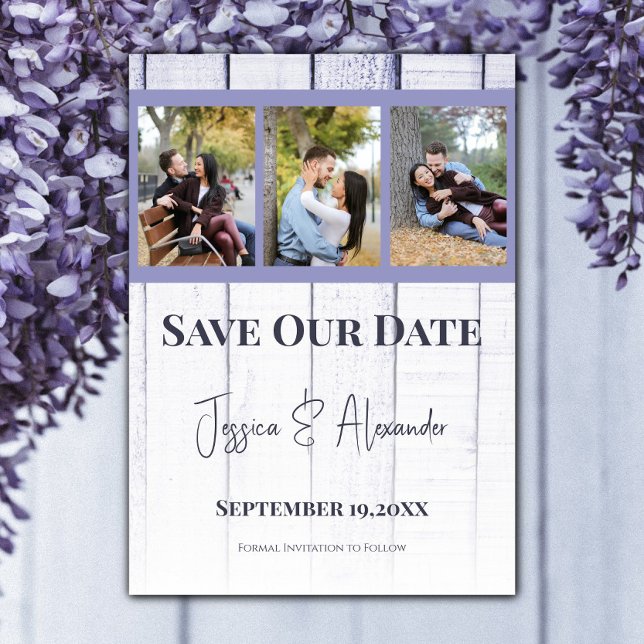 Reserve A Data Colagem de Fotos de Madeira Lavanda Salvar a Data (Lavender Wooden Photo Collage Save the Date)