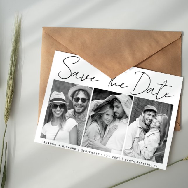 Reserve A Data Colagem de fotos em preto, branco e com letra bran (Criador carregado)