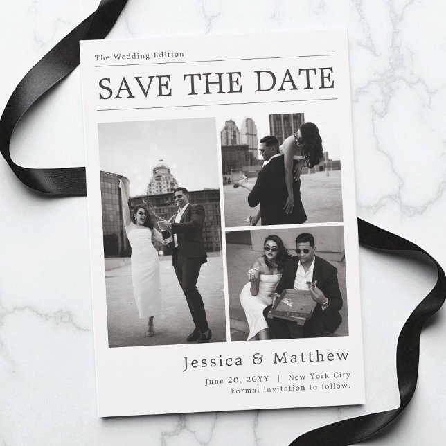 Reserve A Data Colagem de Fotos em Preto e Branco Jornal Casament (Black and White Photo Collage Newspaper Wedding Save The Date)