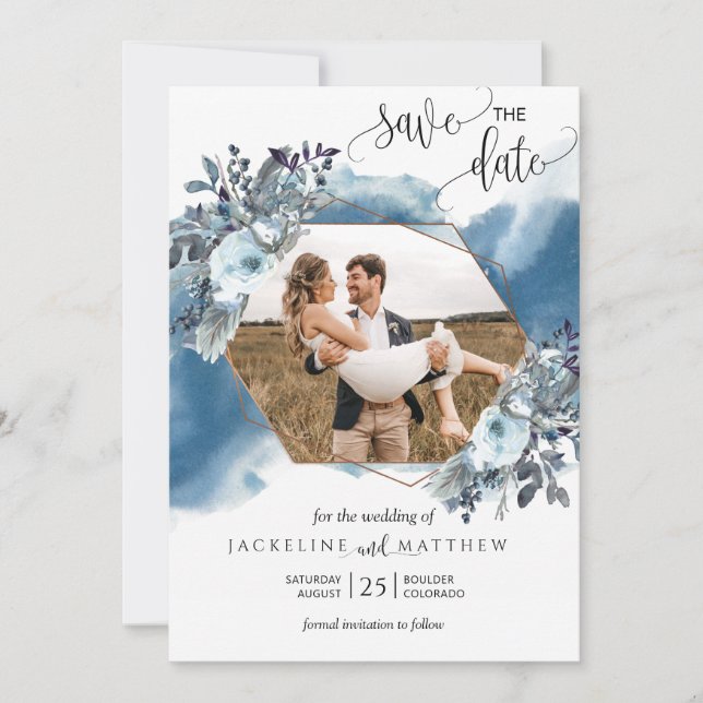 Reserve A Data Colagem de Fotos, Geometragem Blue Watercolor (Frente)