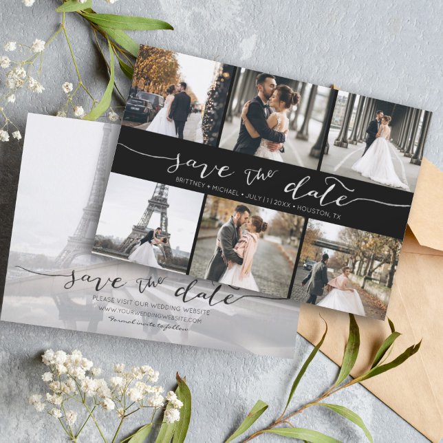 Reserve A Data Colagem de Fotos Moderna Salva a Data em Preto (Modern Save the Date card featuring 6 photos and a hand lettered font for a minimalistic design.)