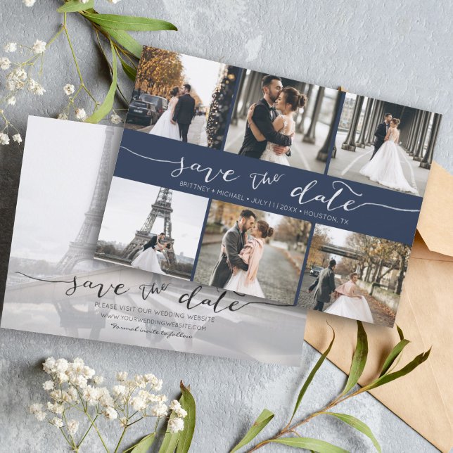 Reserve A Data Colagem de Fotos Moderna Salve o Marinho de Data A (Modern Save the Date card featuring 6 photos and a hand lettered font for a minimalistic design.)