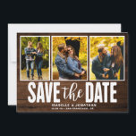 Reserve A Data Colagem de Fotos Rustic Dark Wood 3<br><div class="desc">Anuncie o dia do seu casamento com este país rústico,  três imagens de colagem salvam a data.</div>