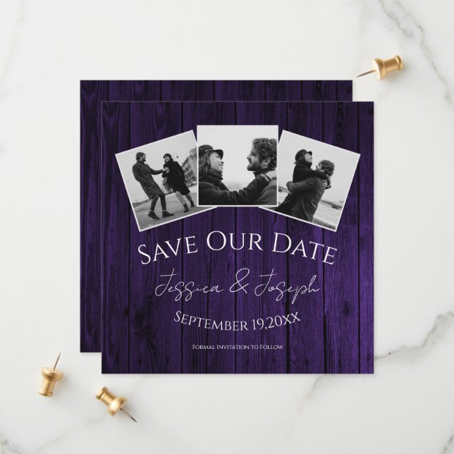 Reserve A Data Colagem de Fotos Rústico Roxo Save The Date (Frente/Verso In Situ)