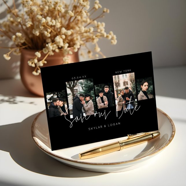 Reserve A Data Colagem de Fotos Típica Mínima Moderna Preta (Modern Minimal Typographic Photo Collage Black Save The Date)