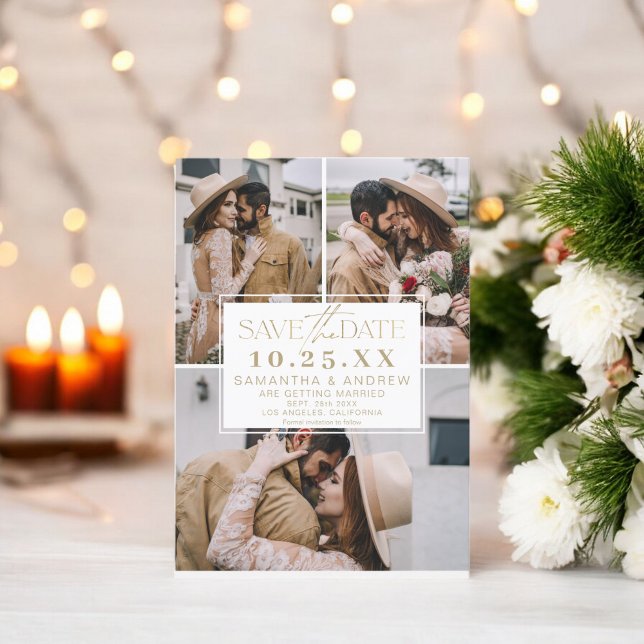 Reserve A Data Colagem de grade de 3 fotos moderno para salvar a  (Modern gold save the date 3 photos grid collage)