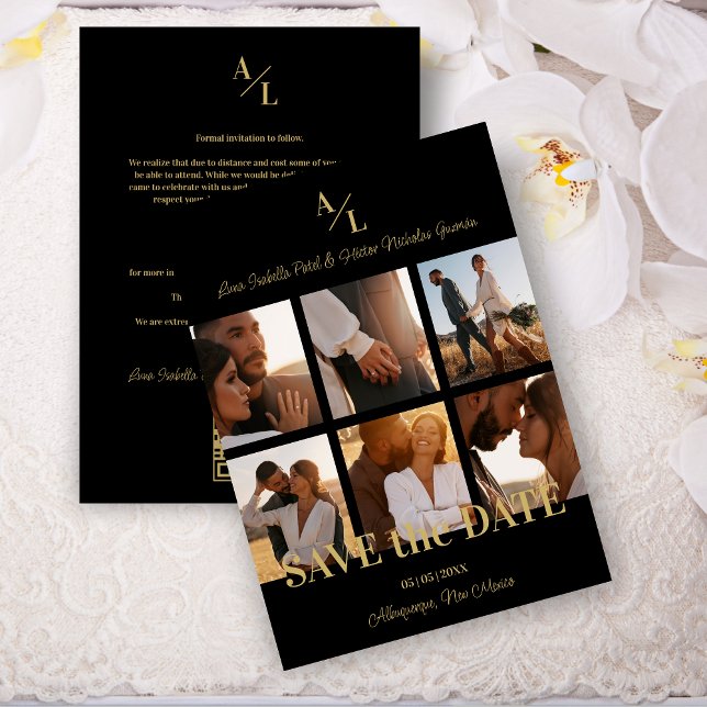 Reserve A Data Colagem de múltiplas fotos Dourada e simples 6 (Black & Fake Gold Simple Classic 6 Multi Photos Collage Save the Date Card with Envelope. )