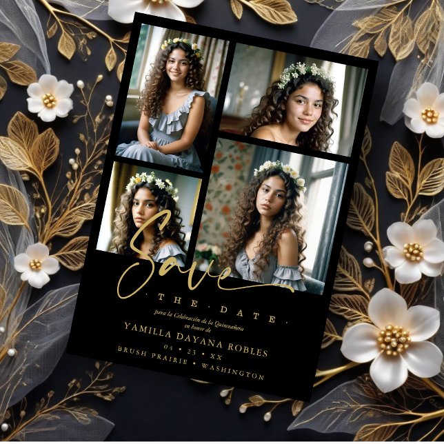 Reserve A Data Colagem de Quinceañera, Trendy Negra Espanhola, 4  (Spanish Black Trendy Quinceañera Collage 4 Photos Save the Date Card.)