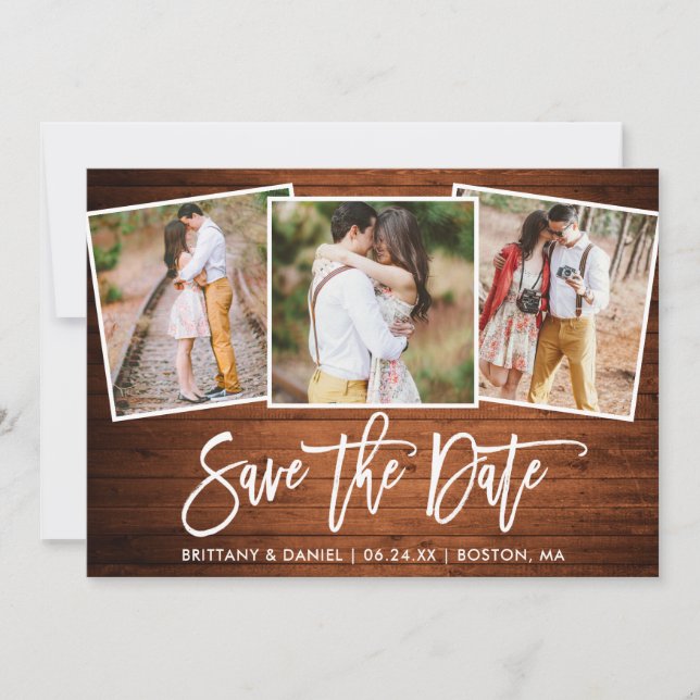 Reserve A Data Colagem Fotográfica do Script Rustic Wood 3 em Pin (Frente)